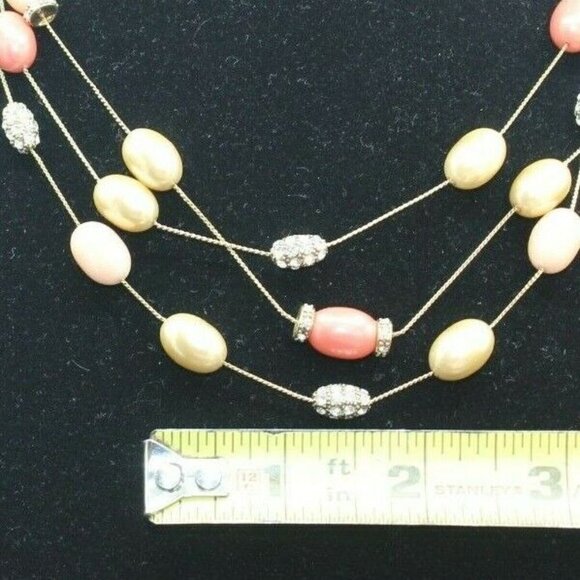 Monet Necklace Triple Strand Pink Signed Goldtone Clear Rhinestones Adjustable - Picture 7 of 8
